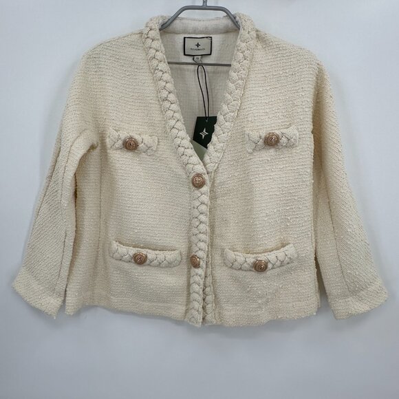 Tuckernuck Tweed Clodagh Jacket Pearl White XS Braided Trim Gold Buttons Blazer - Picture 1 of 9